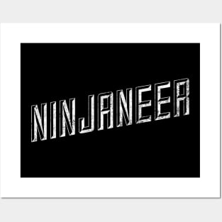 Ninjaneer white distressed retro text design for Engineers that are Engineering Ninjas Posters and Art